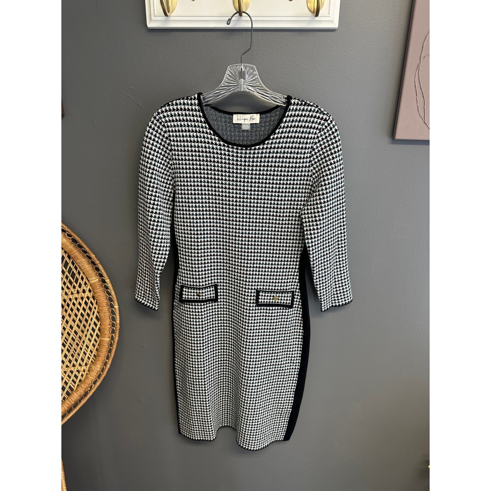 Harper Rose Womens S‎ Sweater Dress Houndstooth Knit Sheath Black White Green